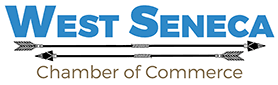 West Seneca Chamber of Commerce logo with blue text, two arrows, and brown text.