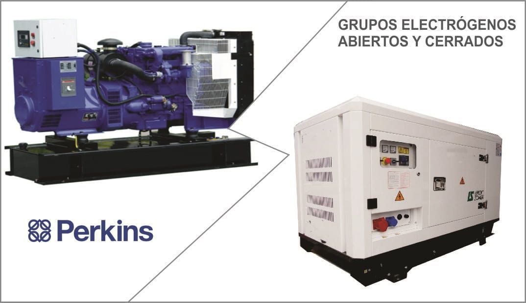 Grupos electrógenos Perkins abiertos y cerrados, azules y blancos, con texto en español.