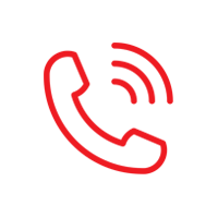 Icono de teléfono rojo con ondas de señal, delineado en rojo sobre un fondo blanco.