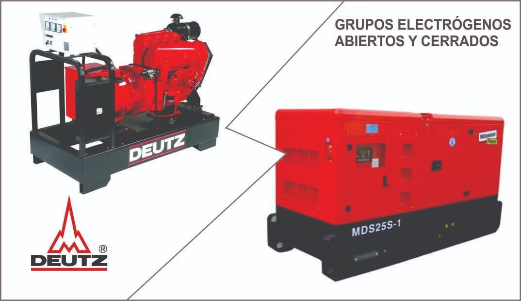 Anuncio de DEUTZ que muestra grupos electrógenos rojos, abiertos y cerrados, sobre bases negras.