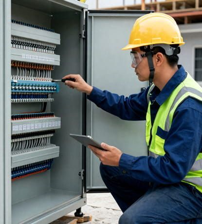 Técnico con casco inspeccionando un panel de control eléctrico con una tableta en un entorno industrial.