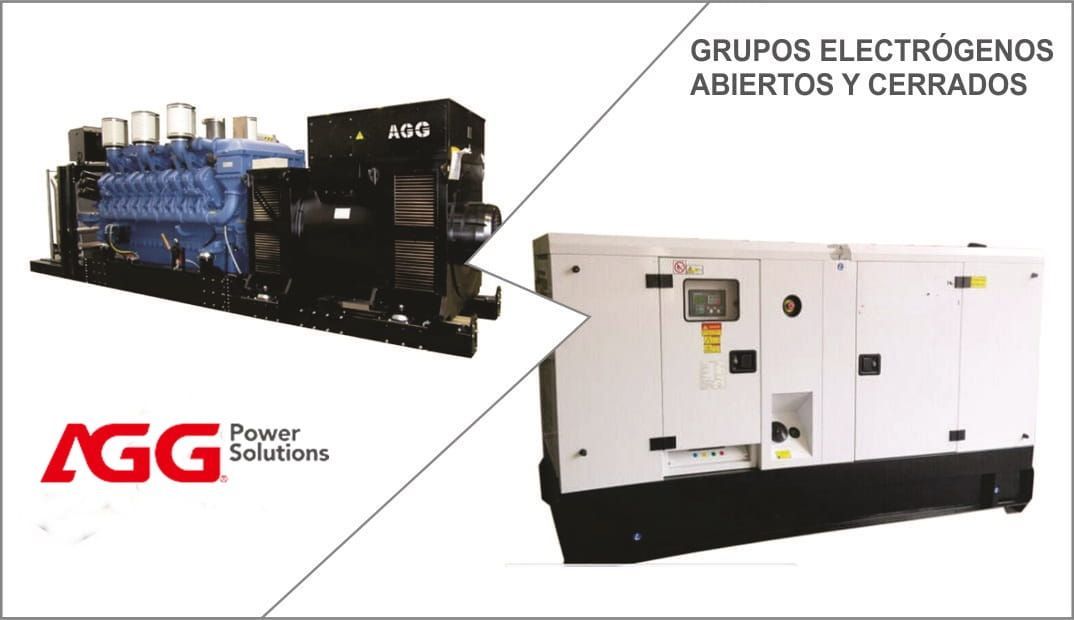 Grupo electrógeno abierto negro y cerrado blanco, con texto AGG Power Solutions