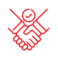 Icono de apretón de manos rojo con una marca de verificación en un círculo encima, delineado en rojo sobre fondo blanco.