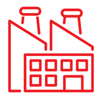 Icono de línea roja de una fábrica con dos chimeneas y ventanas.