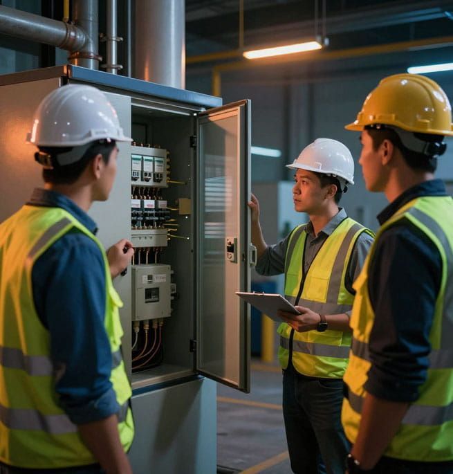 Tres trabajadores con cascos inspeccionan un armario eléctrico abierto en una instalación industrial.