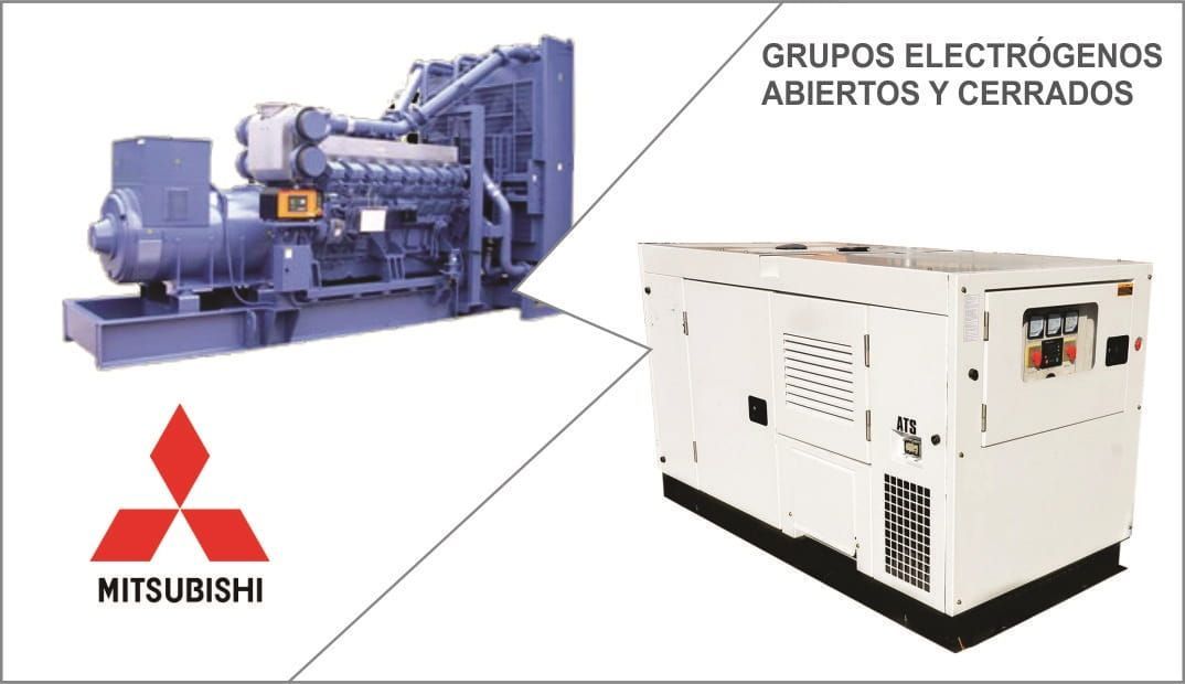 Anuncio de Mitsubishi con dos generadores, una unidad abierta azul y una unidad cerrada blanca, etiquetada en español.