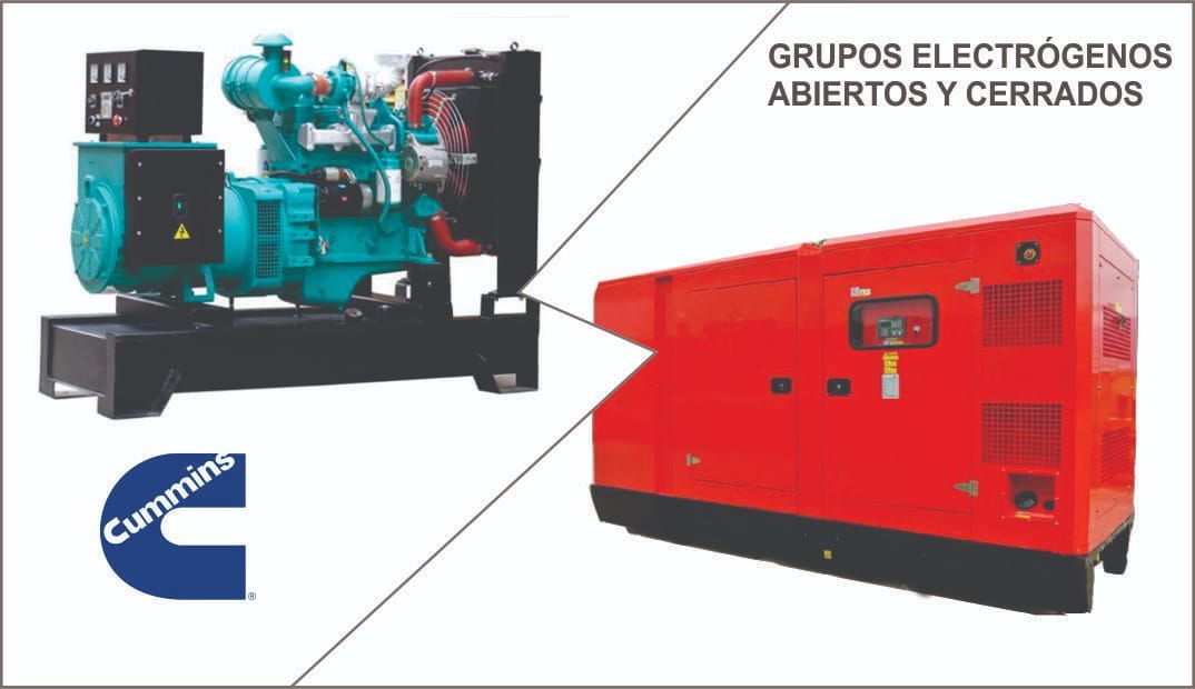 Grupos electrógenos abiertos y cerrados: generador azul abierto y generador rojo cerrado.