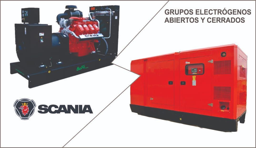 Anuncio de la marca Scania que muestra grupos electrógenos abiertos y cerrados, en negro y rojo sobre fondo blanco.