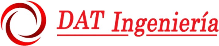 Logotipo de DAT Ingeniería con emblema circular rojo y texto rojo sobre fondo blanco.