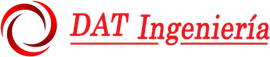 Logotipo de DAT Ingenier&iacute;a con emblema circular rojo y texto rojo sobre fondo blanco.