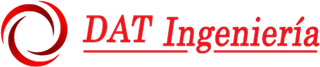 Logotipo de DAT Ingeniería con emblema circular rojo y texto rojo sobre fondo blanco.