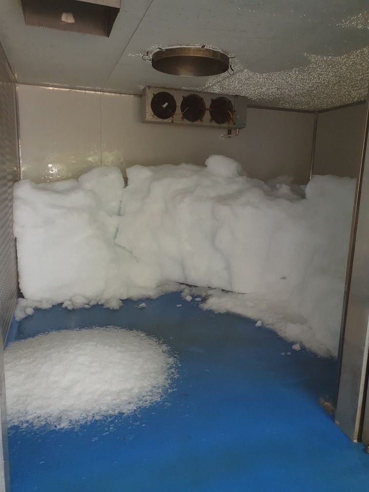 Inside a cold room, a large mass of snow-like ice covers the back wall and floor; blue floor.— Cool Tropics Air Conditioning & Refrigeration in Mourilyan Harbour, QLD
