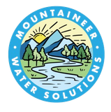 Mountaineer Water Solutions logo with mountains, river, trees, and sun in a blue circle