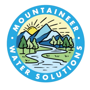 Mountaineer Water Solutions logo with mountains, river, trees, and sun in a blue circle