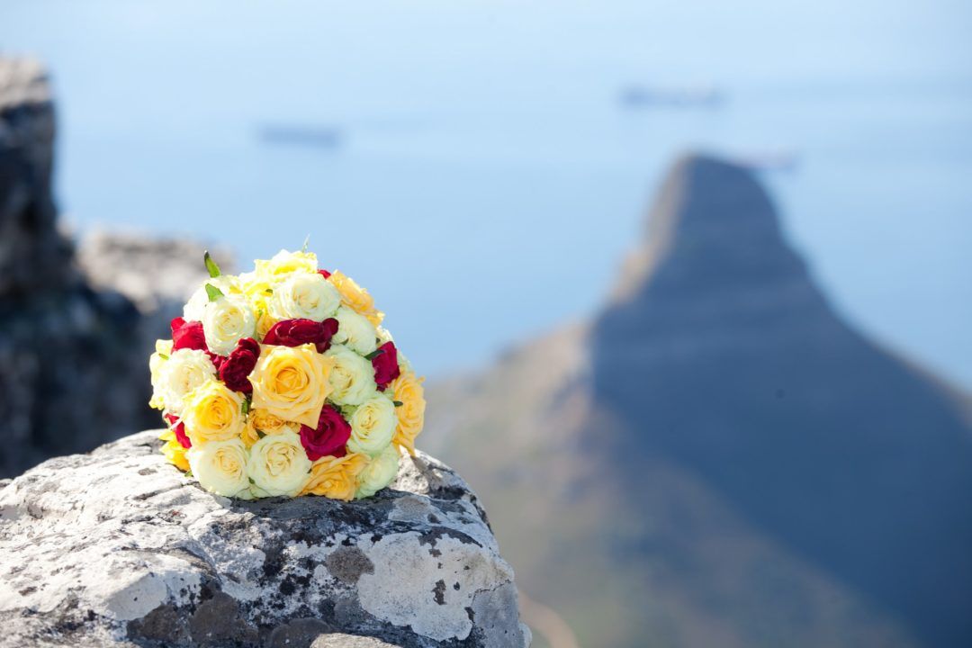 A bouquet of flowers is sitting on top of a rock with a mountain in the background.