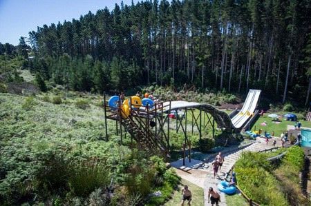 A water slide in the middle of a forest surrounded by trees.