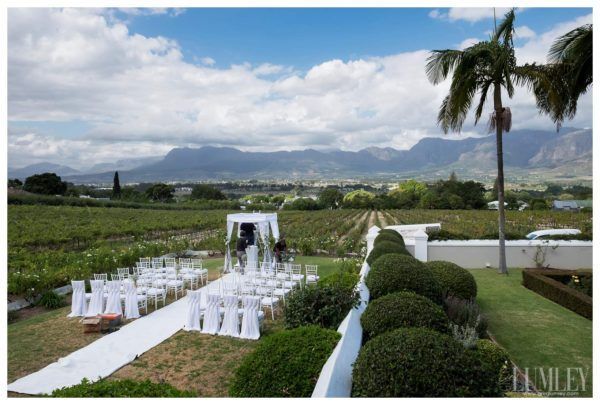 A wedding ceremony is taking place in a vineyard with mountains in the background