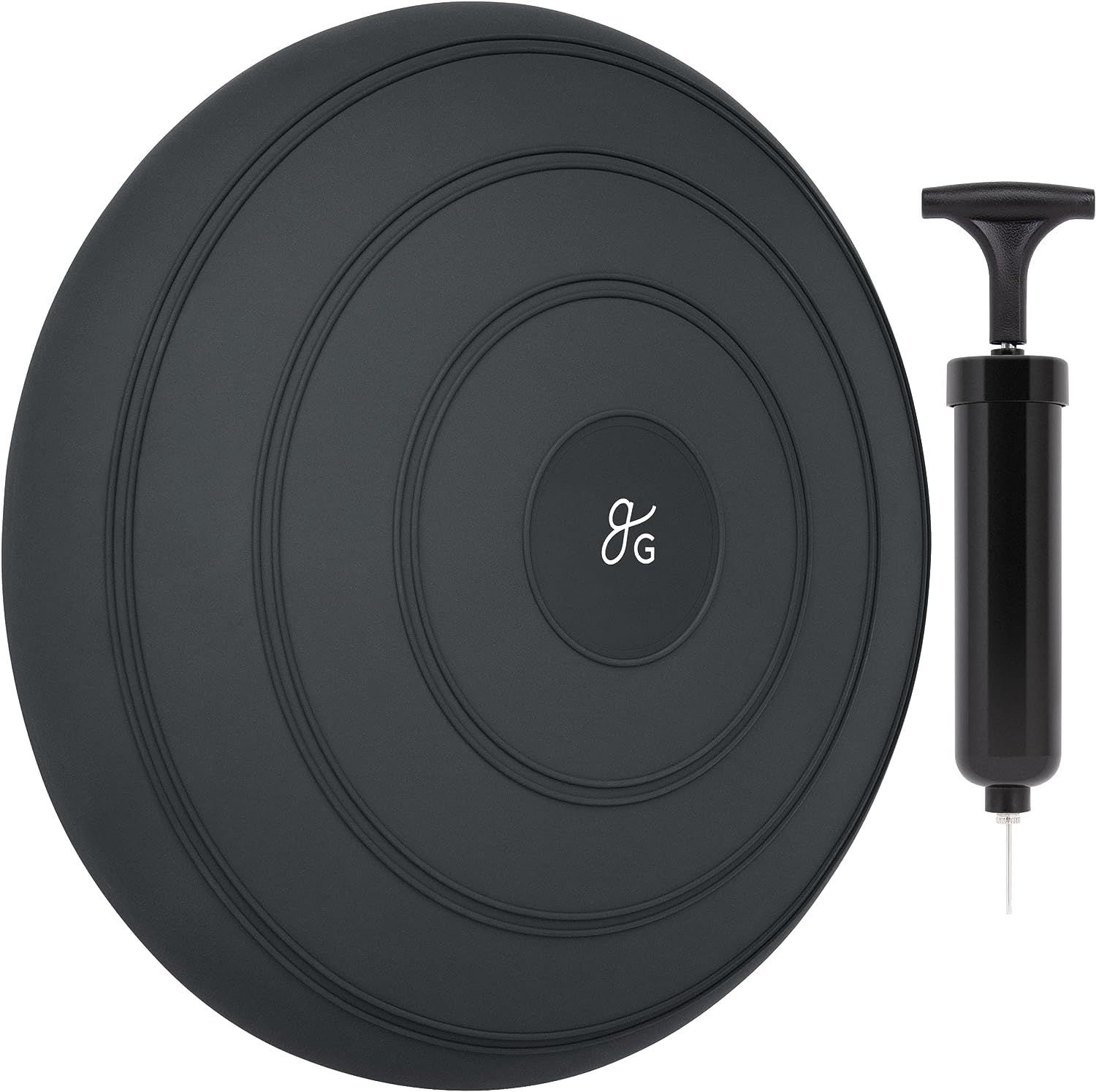 A black balance cushion with a pump attached to it