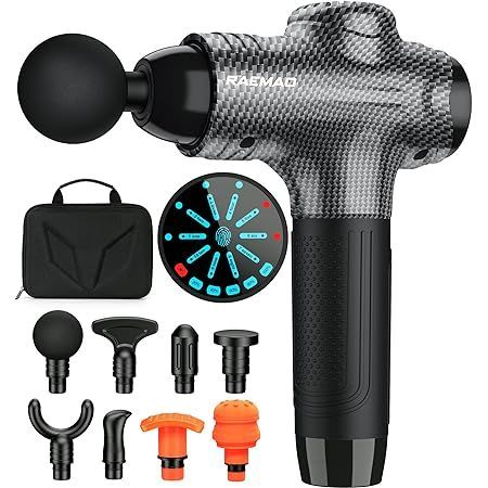 Black and gray massage gun with various attachments and a carrying case.