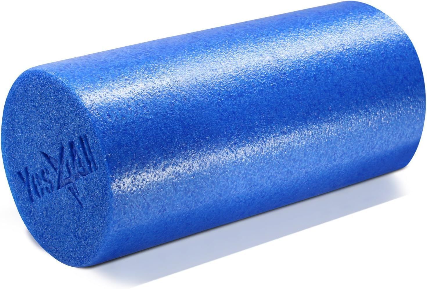 A blue foam roller with the word yes on it