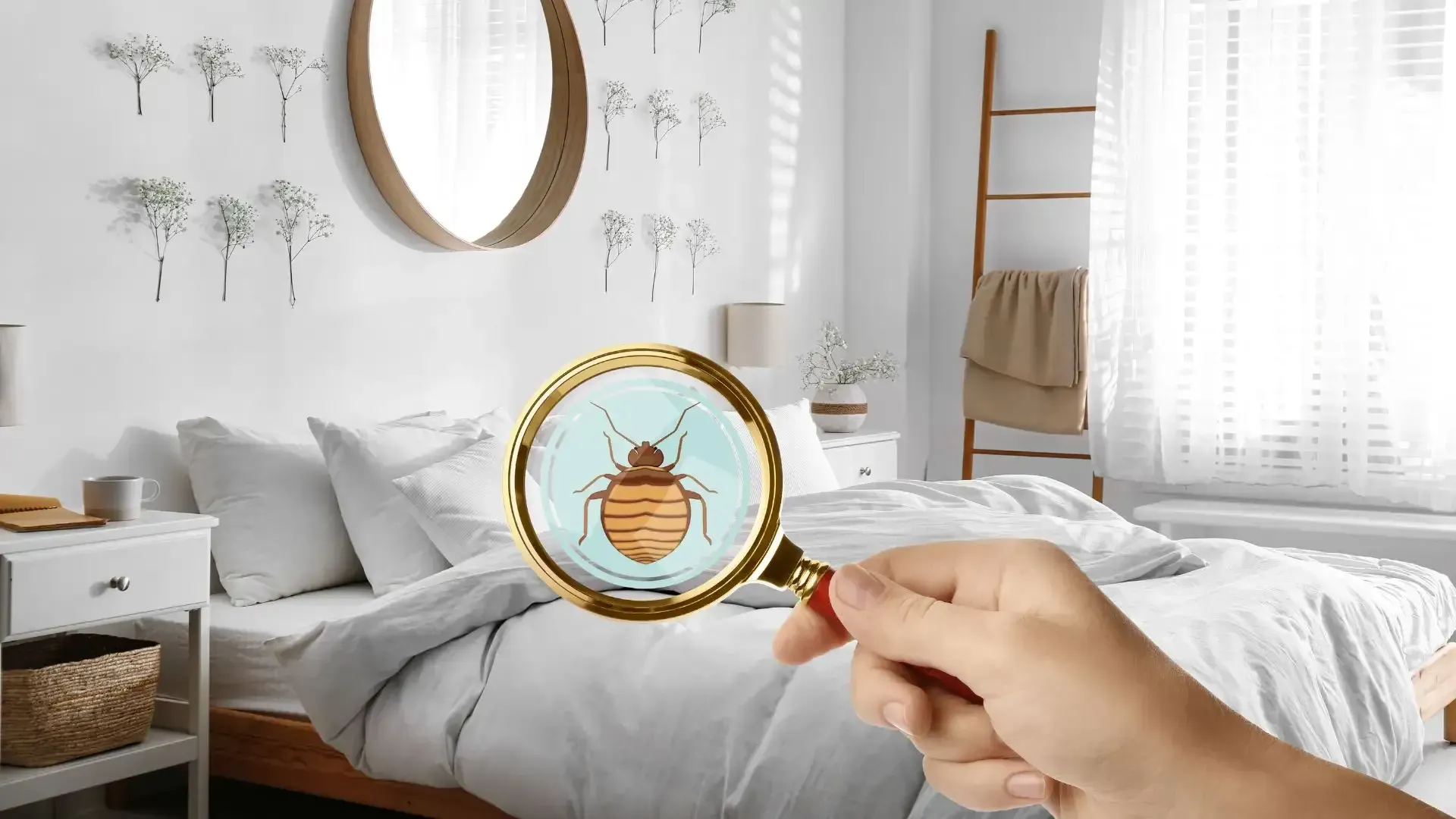 Hand holding magnifying glass over cartoon bee in bright white bedroom