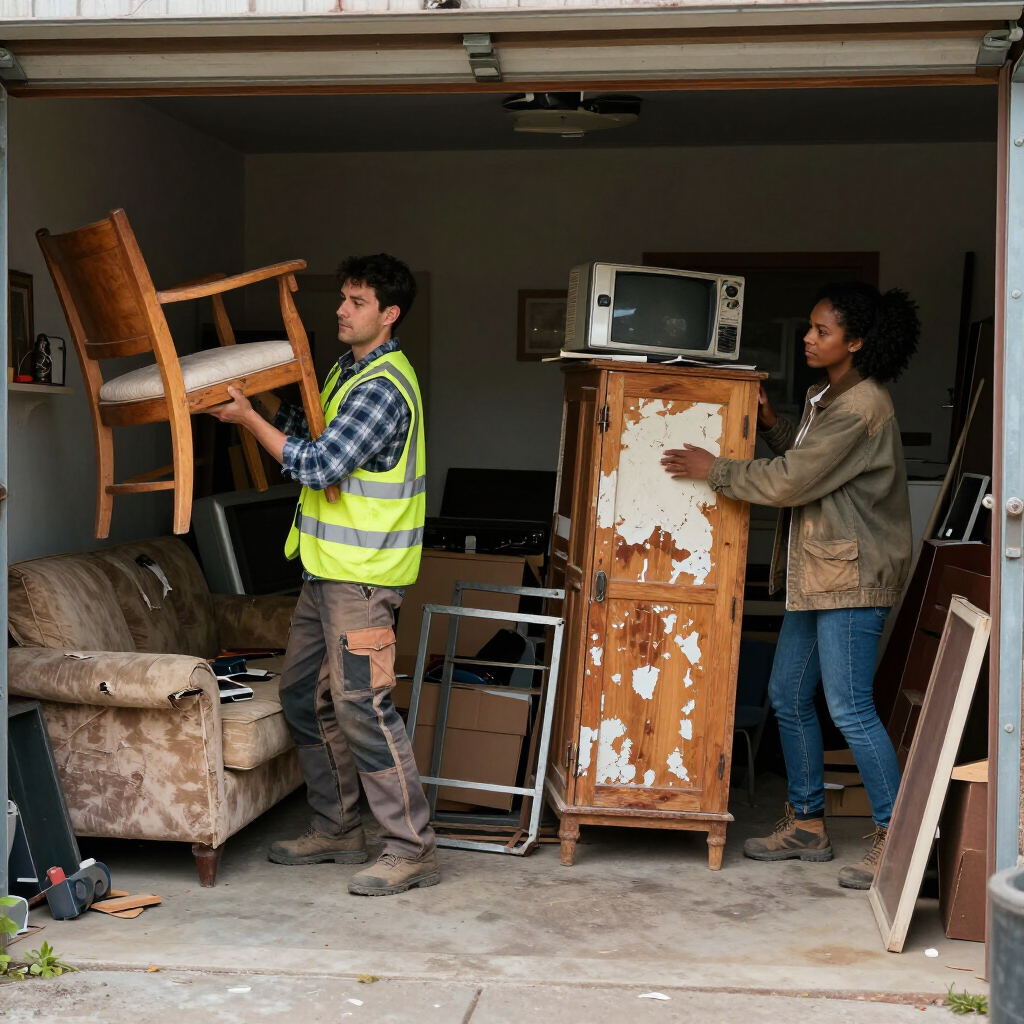 People moving furniture out of a cluttered garage, carrying a chair and a cabinet.