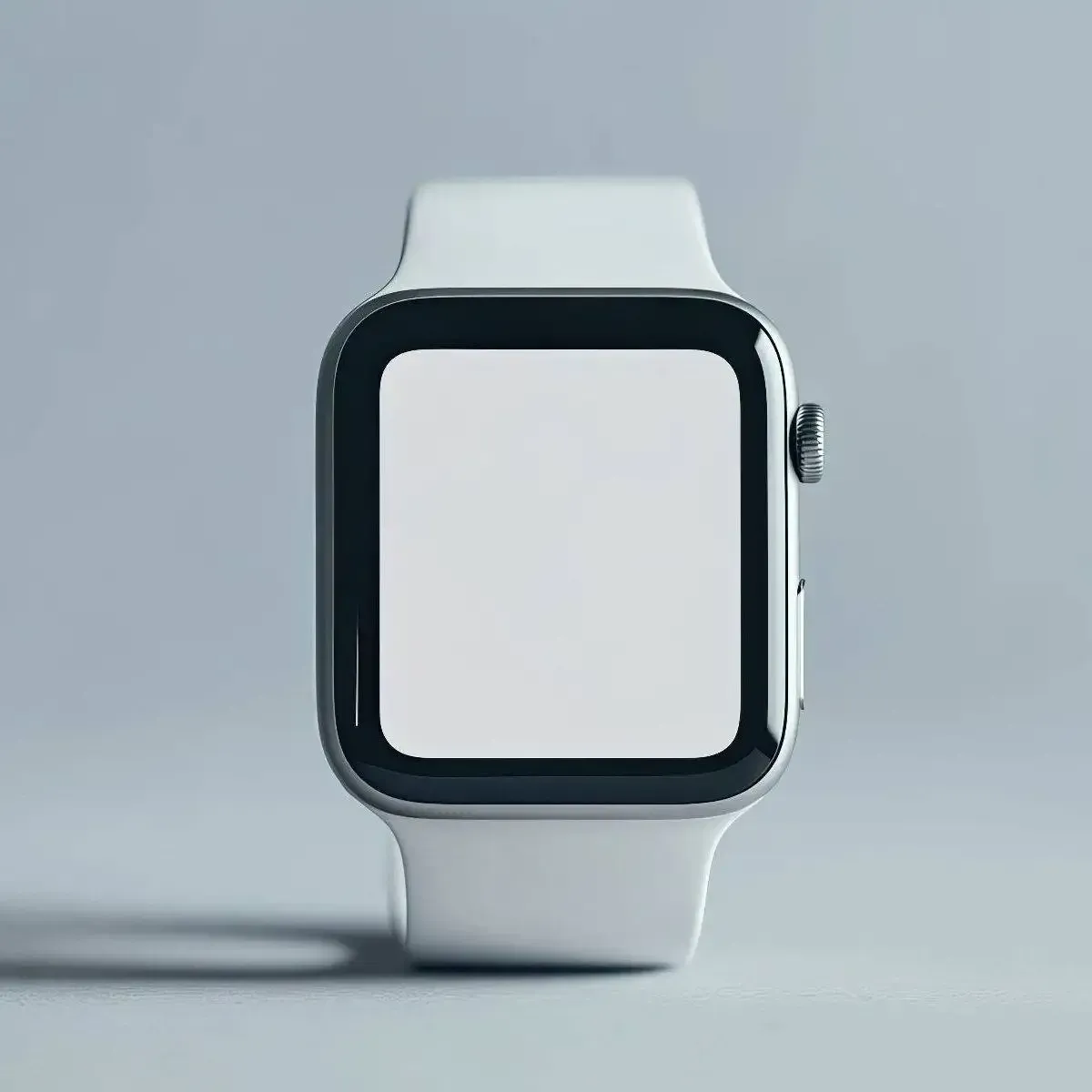 White smartwatch with black screen on a light gray background.