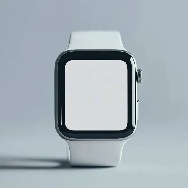 White smartwatch with black screen on a light gray background.