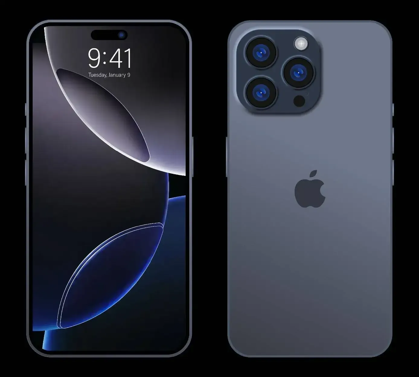 Front and back view of a dark gray iPhone with triple rear cameras and a black abstract wallpaper