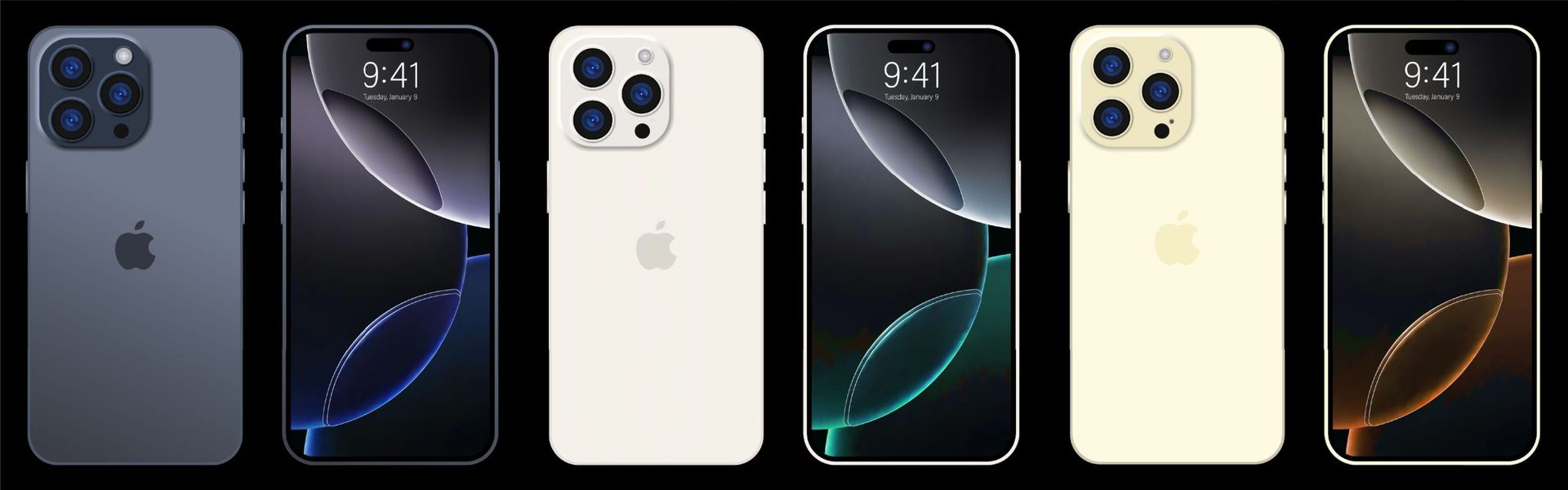Six iPhones in different colors displayed side by side on a dark background, showing front and back views