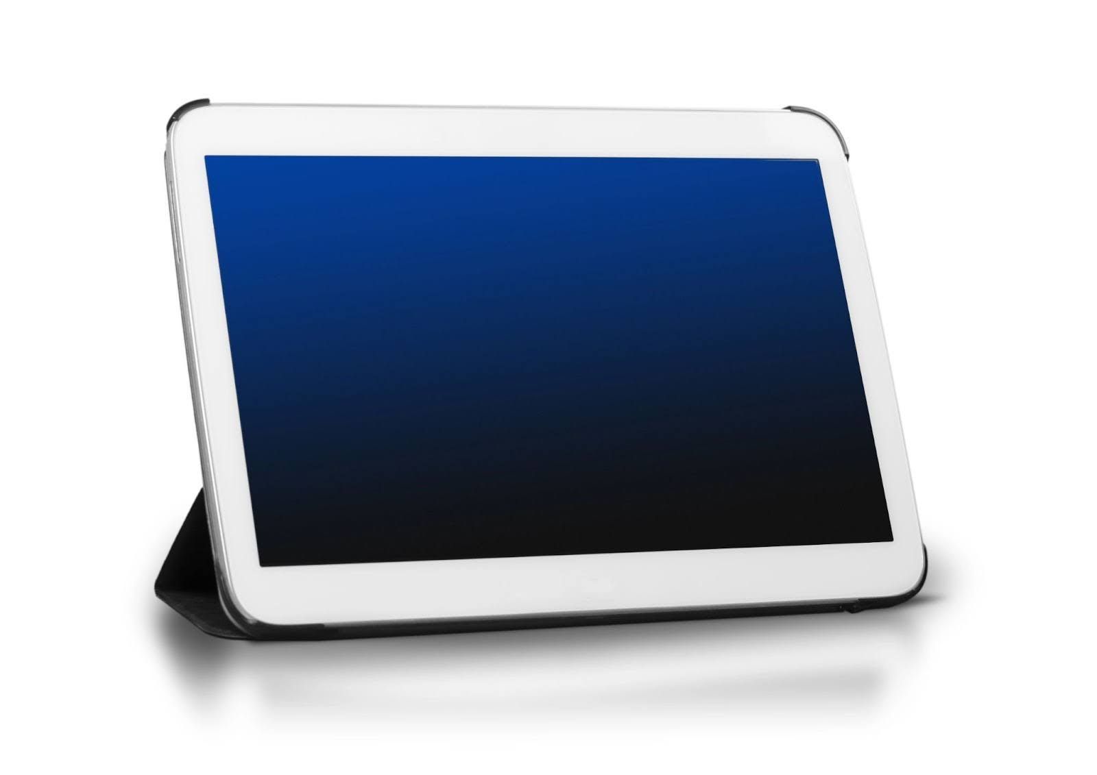 Tablet with a black screen and white bezel on a stand, angled slightly left