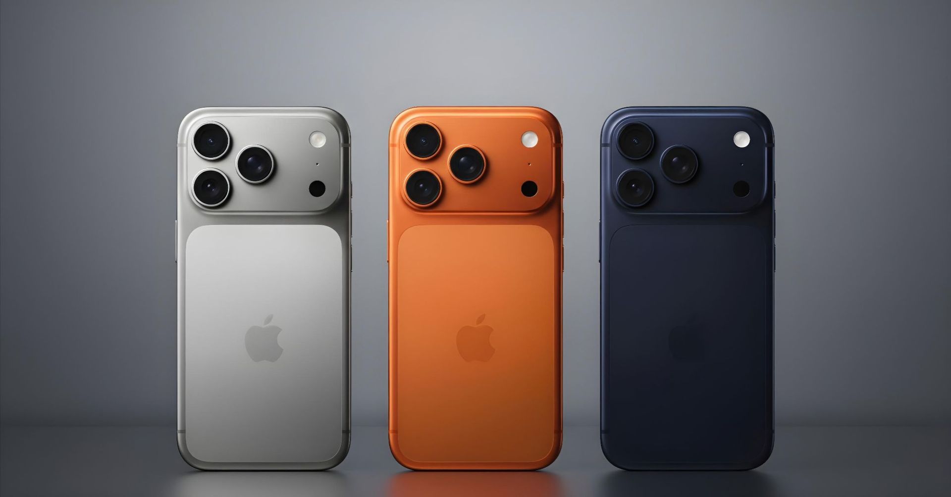 Three iPhones in silver, orange, and dark blue, shown standing upright against a gray background