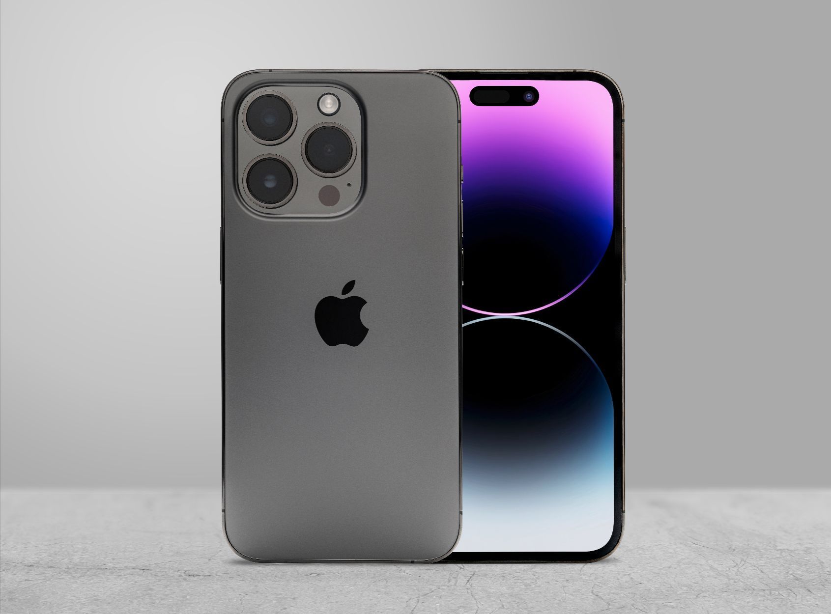 Two gray iPhones standing side by side, front and back, on a plain gray surface.