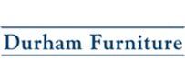 The logo for Durham Furniture, featuring the words in a blue, serif font between two horizontal lines.