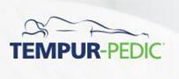 Logo for Tempur-Pedic featuring a blue and green wordmark below a minimalist, single-line drawing of a person reclining.