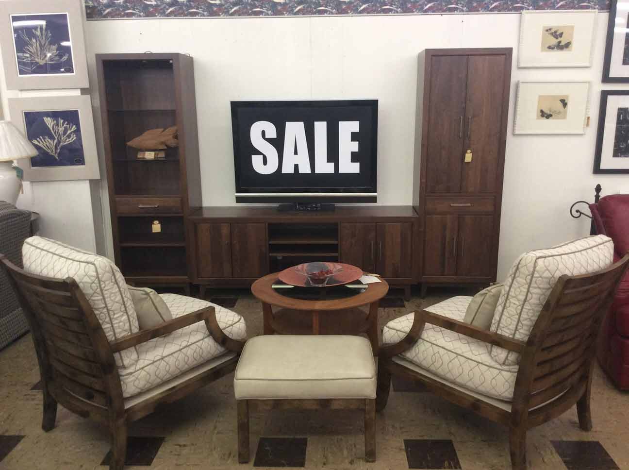 A furniture display featuring a TV with a 