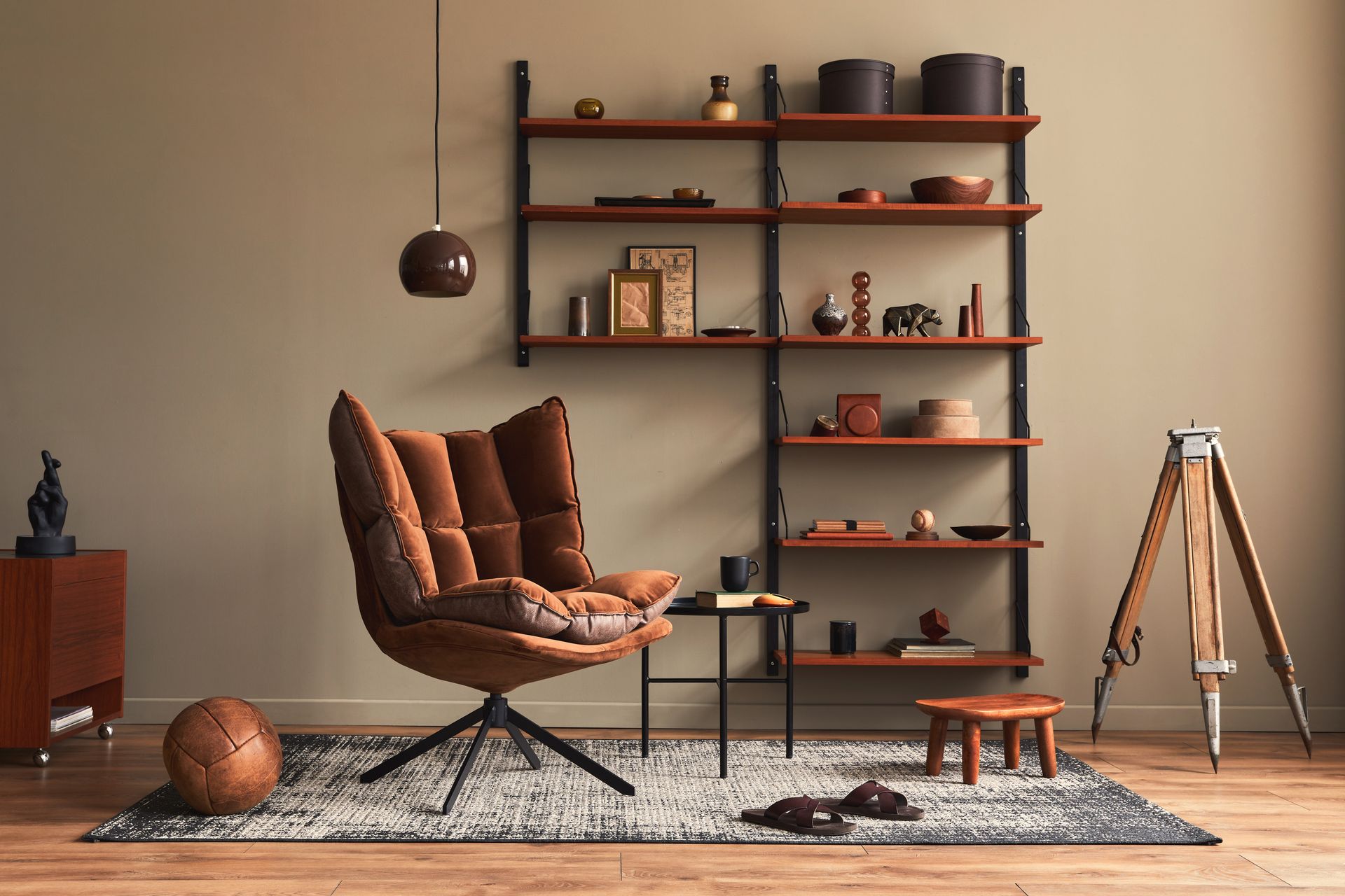 A brown armchair sits on a patterned rug in a room with wood shelves, decor, a floor lamp, and a tripod-style stand.