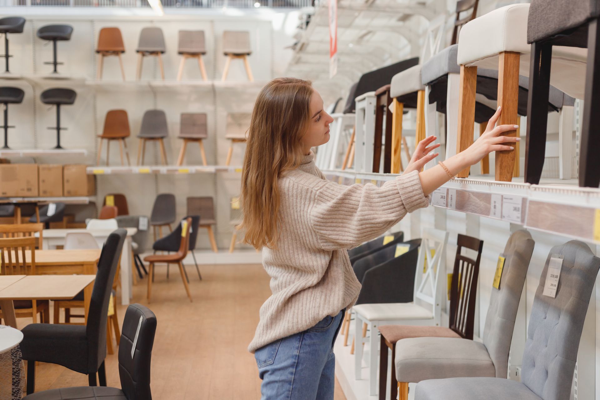 A woman is seeing chairs at a furniture store. A woman is seeing chairs at a furniture store.