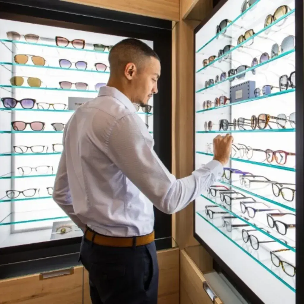 A man is looking at glasses in an optical store