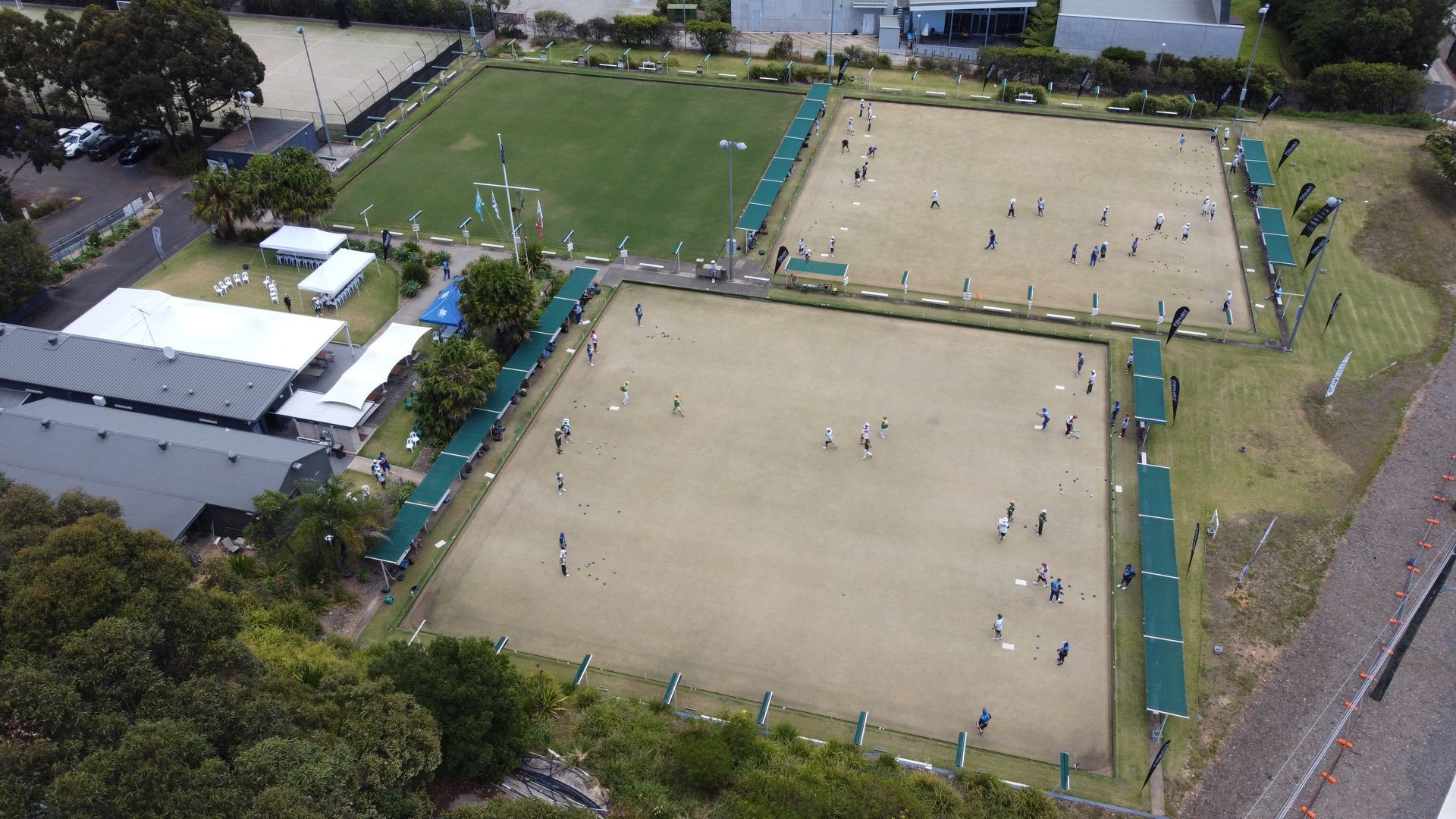 erial view of several outdoor bowling greens at a Northern Beaches club