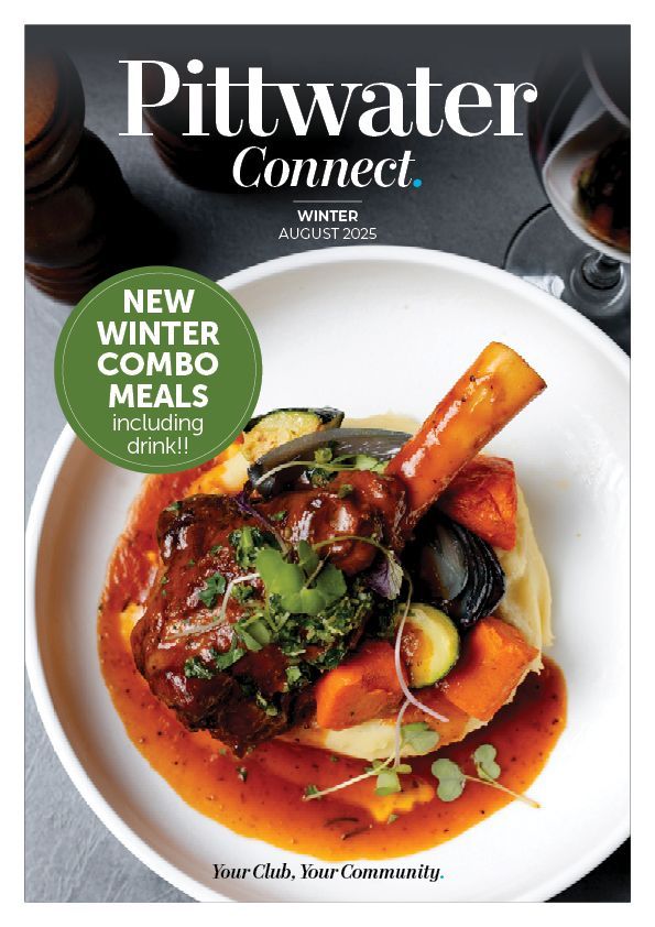 Pittwater Connect magazine winter cover featuring a plated meal with drinks and a ‘new winter combo meals’ badge