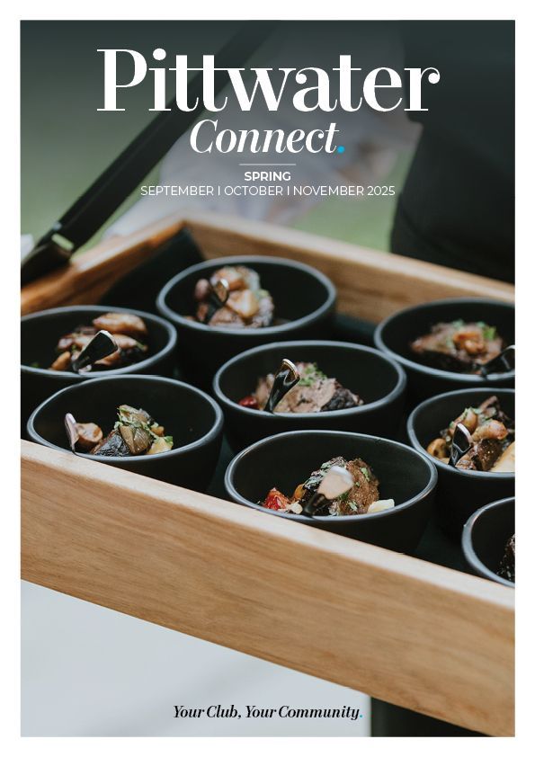 Pittwater Connect magazine cover showing a close-up of plated food on a table