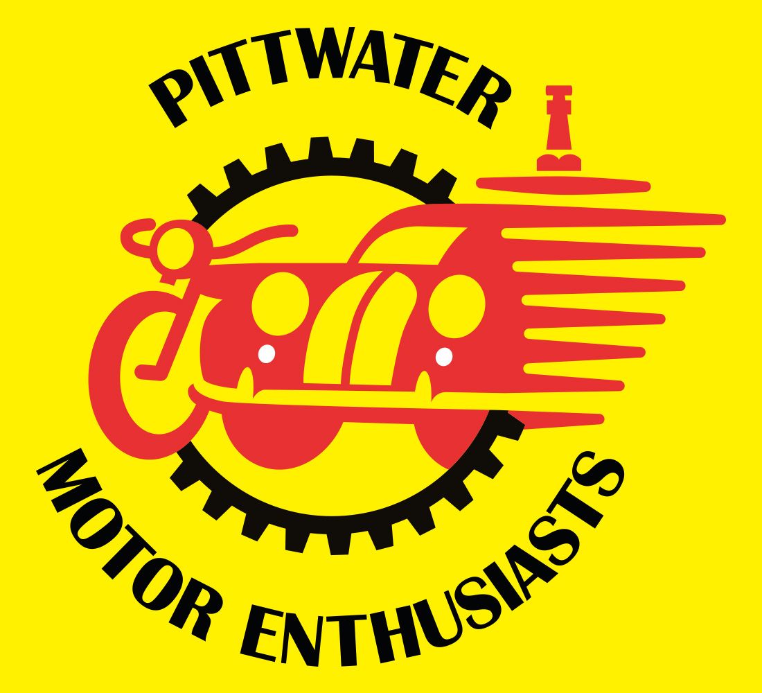 Pittwater Motor Enthusiasts Association logo in yellow and red with stylised car graphic