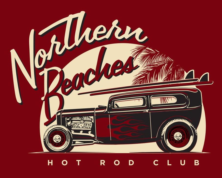 Northern Beaches Hot Rod Club logo with vintage hot rod illustration on red background