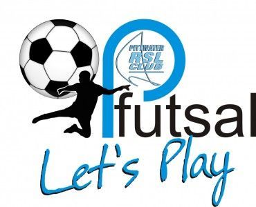 Pittwater RSL Club futsal logo featuring a soccer ball and player silhouette