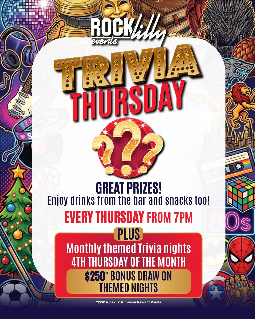 Trivia Night neon question mark design promoting weekly games at Mona Vale’s leading RSL club