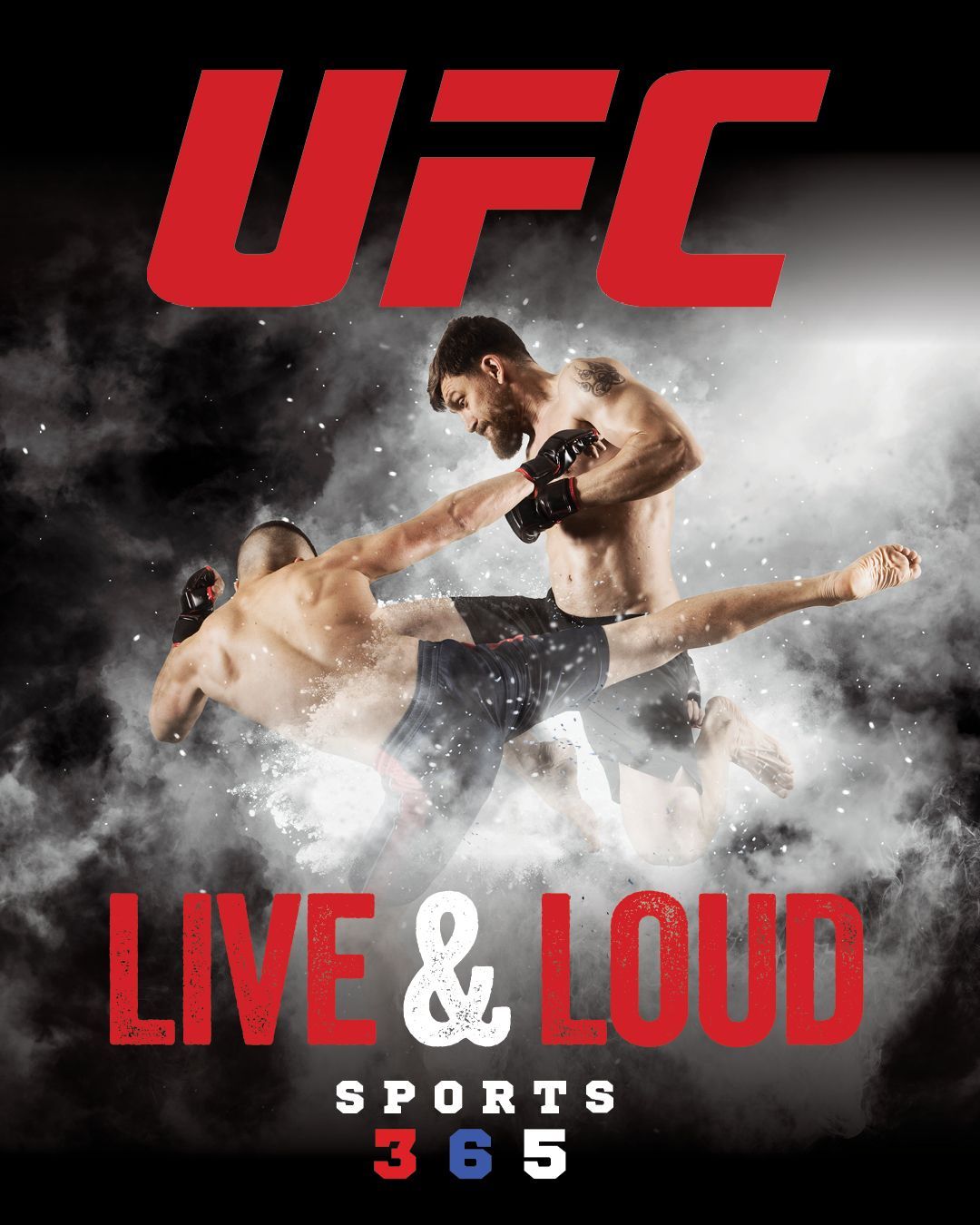 UFC promotional poster showing a fighter mid-action against a dark, dramatic background