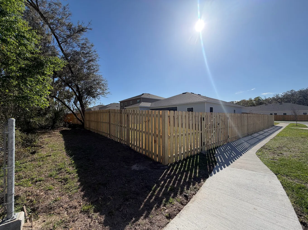 Sunlit suburban sidewalk beside a wooden privacy fence and houses under a clear blue sky