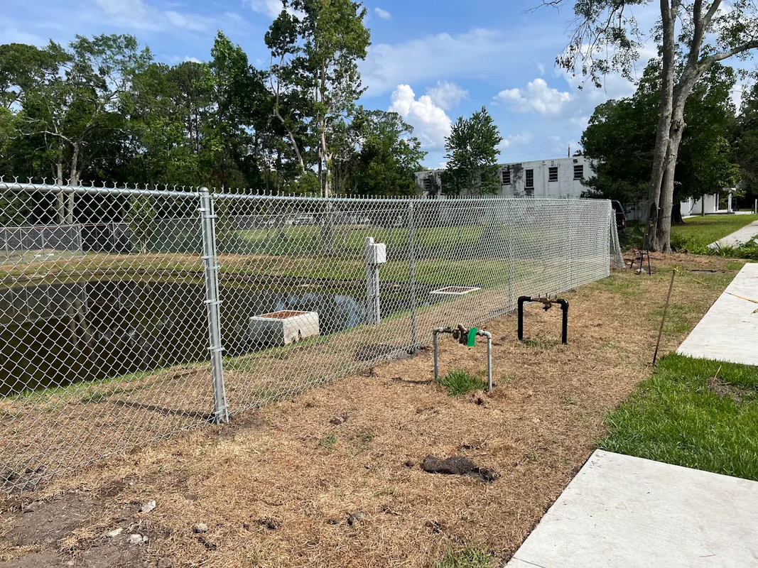 Chain-link fenced garden bed beside a sidewalk, with mulch, young plants, and trees under a blue sky.