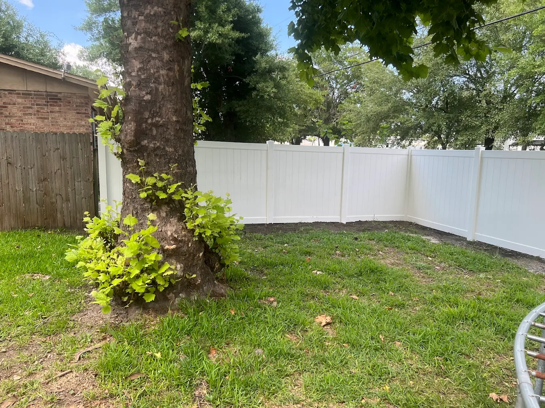 Backyard with a large tree, green grass, and a white vinyl fence